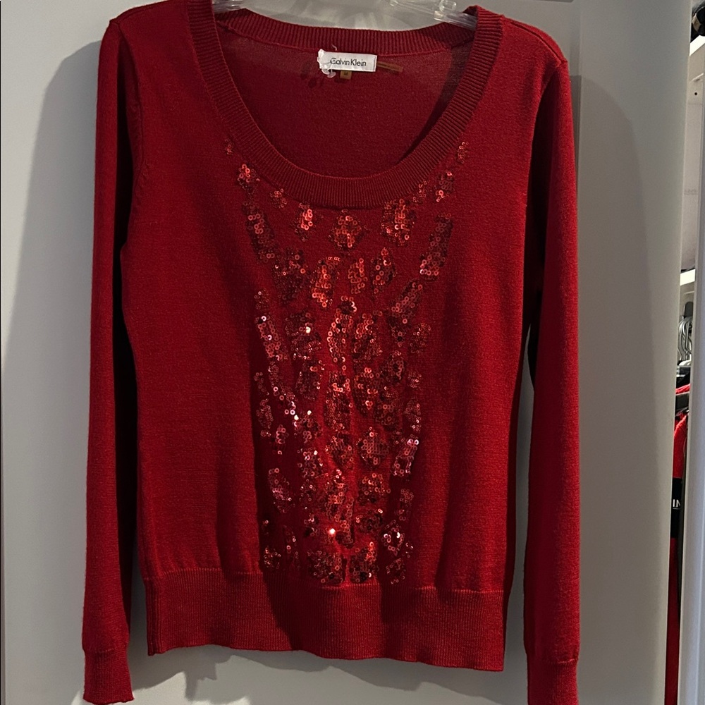 Calvin Klein Red Sequin Knit Top